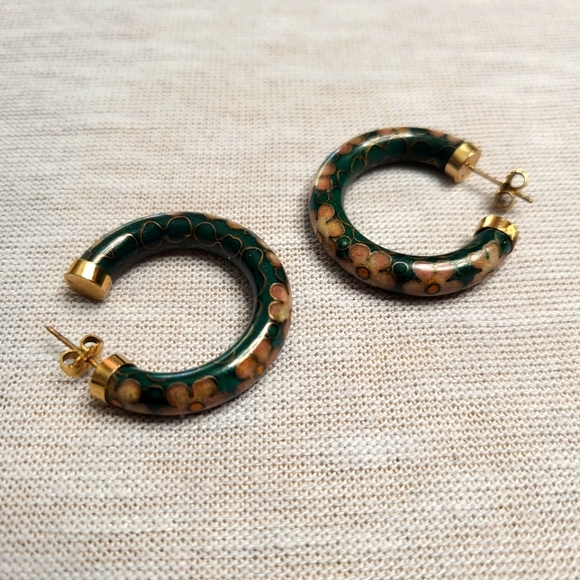 Vintage Cloisonné Enamel Hoop Post Earrings - Picture 4 of 4